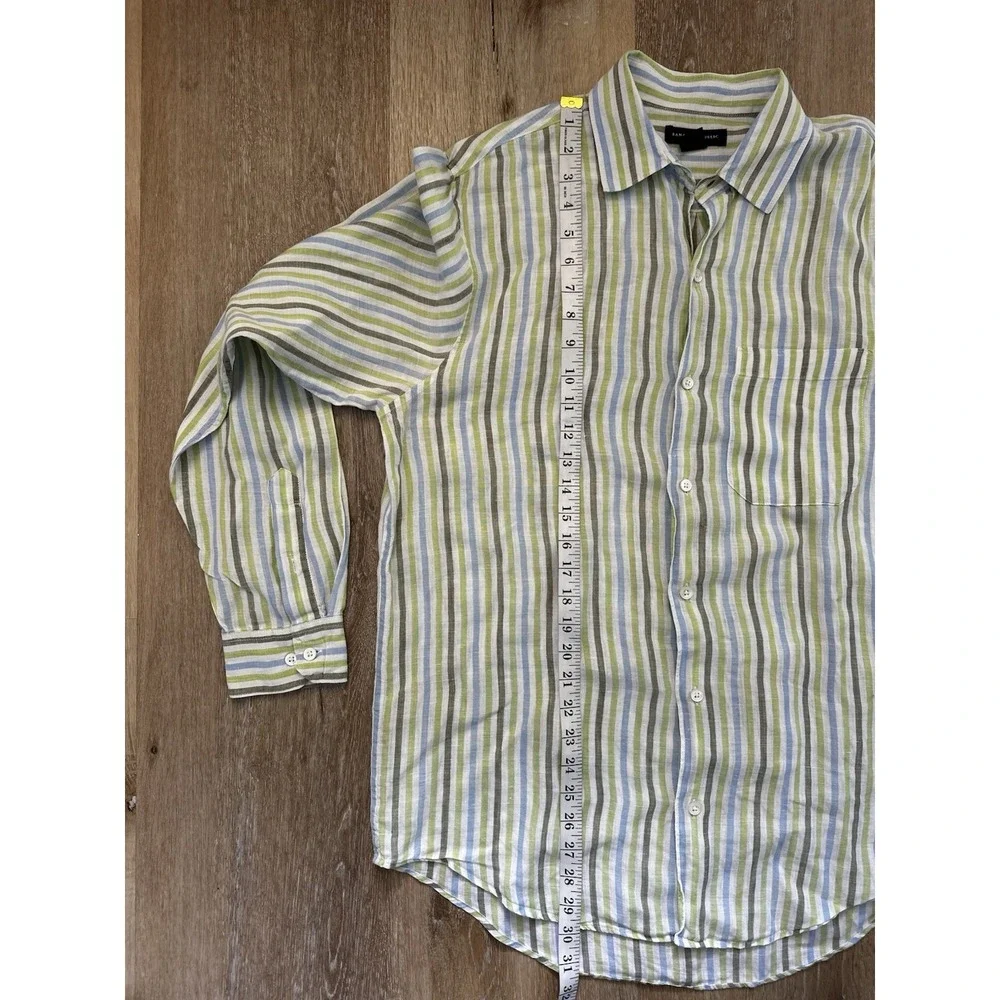 Banana Republic Linen Shirt Mens M Green Blue Stripe Button‎ Up Casual